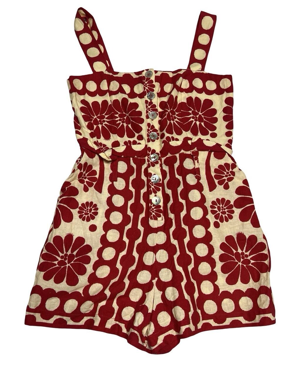 FARM Rio Palermo Red Cream Floral Linen Blend Romper Smocked (No Belt) SZ XS